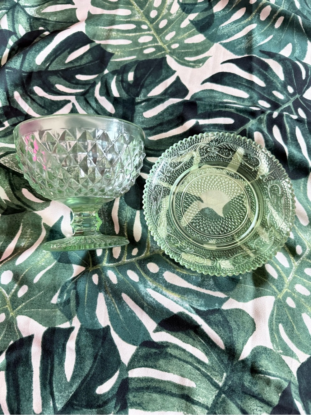 Vintage Green Pressed Glass Compote & Dish Set